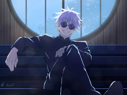 HD desktop wallpaper featuring Satoru Gojo from the anime Jujutsu Kaisen, sitting relaxed with sunglasses, set against a background of a round window and ambient lighting.