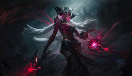 Nilah from League of Legends showcased in a dark, mystical setting with glowing red magic, designed as a 4K Ultra HD PC desktop wallpaper.