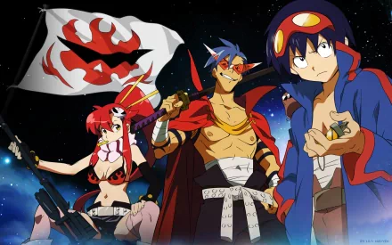 HD anime desktop wallpaper featuring characters from Tengen Toppa Gurren Lagann with a dynamic pose and a flag displaying the iconic flame emblem.