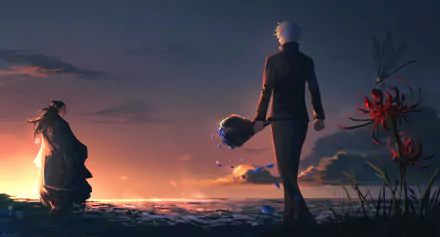 4K Ultra HD anime wallpaper featuring Suguru Geto and Satoru Gojo from Jujutsu Kaisen, standing by a dramatic seaside at sunset with vivid lighting.