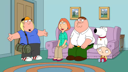 HD desktop wallpaper of Family Guy featuring Chris, Lois, Peter, Brian, and Stewie Griffin in the living room.