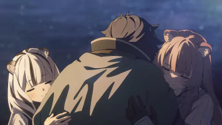HD wallpaper from The Rising of the Shield Hero featuring characters in an emotional group embrace under a twilight sky.