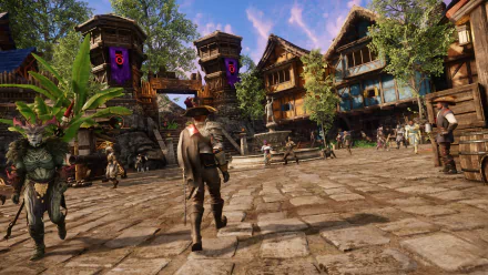 HD desktop wallpaper of New World game featuring a character walking through a bustling town square with buildings and other characters.