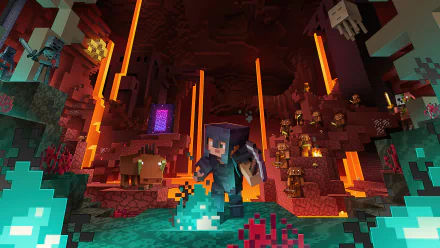 HD desktop wallpaper featuring a Minecraft character in the Nether, surrounded by lava falls, hostile creatures, and eerie, glowing scenery.