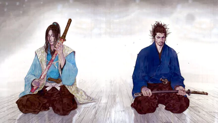 HD wallpaper featuring Miyamoto Musashi and Sasaki Kojirou from the manga Vagabond, sitting and poised with swords.