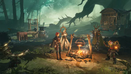 HD desktop wallpaper of Dragonheir: Silent Gods featuring fantasy characters around a campfire in a mystical forest environment.