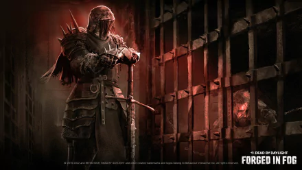 A dramatic HD wallpaper from Dead By Daylight, featuring a menacing figure in armor facing a captive, evoking a tense atmosphere in a gaming-inspired scene.