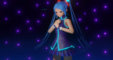 8K Ultra HD anime-style wallpaper featuring Hatsune Miku from Vocaloid with glowing blue accents and a dark starry background, designed for PC desktop.