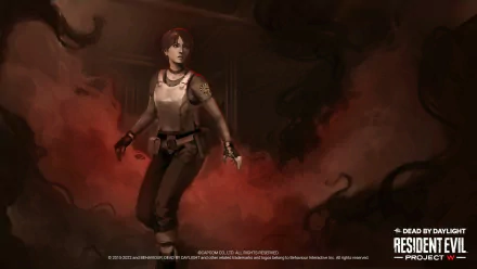 HD desktop wallpaper featuring Rebecca Chambers from Resident Evil, depicted in a dramatic pose with a smoky, red background, from the Dead By Daylight crossover event.