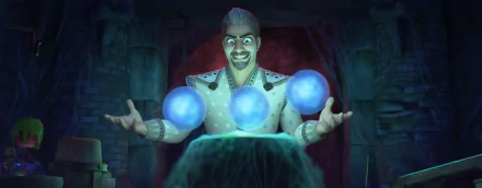 HD wallpaper of a mystical animated character from Wish (2023) performing magic with glowing orbs, set in an enchanting dark cavern backdrop.
