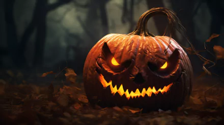 A sinister glowing pumpkin head sits among fallen leaves, embodying the Halloween spirit in a dark, eerie forest background. This HD wallpaper captures the essence of the holiday.