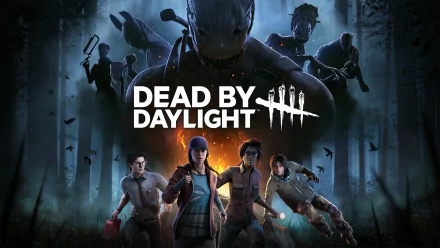 HD desktop wallpaper featuring characters from the video game Dead By Daylight, with survivors facing a menacing figure in a foggy forest.