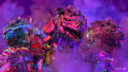 A vibrant HD desktop wallpaper featuring three colorful, robotic dinosaur heads amidst a smoky, purple background.
