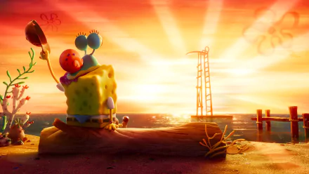 HD desktop wallpaper featuring SpongeBob SquarePants hugging Gary on a log, with a vibrant sunset background from The SpongeBob Movie: Sponge on the Run.