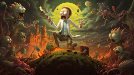 HD wallpaper of Rick from Rick and Morty in a chaotic alien world, wielding a brush with humorous horror elements.