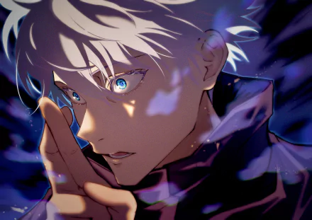 Satoru Gojo from Jujutsu Kaisen depicted in a detailed 4K Ultra HD anime wallpaper, showcasing his intense gaze and glowing blue eyes.