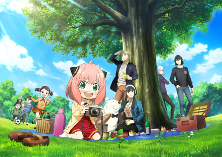 Anime-style 8K wallpaper featuring Spy x Family characters Loid, Anya, Yor, and Bond enjoying a sunny picnic under a large tree in a vibrant outdoor setting.
