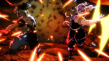 HD PC desktop wallpaper featuring Tengen Uzui and Gyutaro from the anime Demon Slayer: Kimetsu no Yaiba in dynamic battle poses with vibrant flames and sparks.