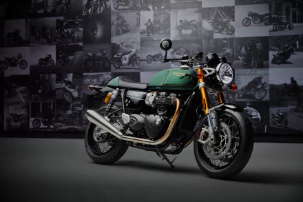 HD wallpaper of a Triumph Thruxton Final Edition motorcycle, displayed elegantly against a backdrop of vintage-style black and white photos, signifying the model's illustrious heritage.