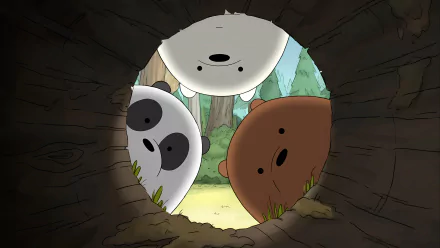 We Bare Bears characters peeking through a log in HD wallpaper for desktop background.