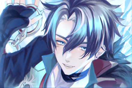 HD desktop wallpaper featuring an artistic representation of a character from Genshin Impact, with vibrant blue and black hair, on an abstract background.