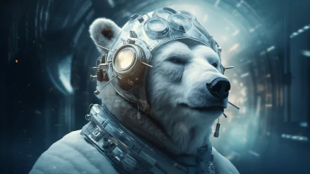 Futuristic polar bear astronaut with a space helmet set against a sci-fi tunnel background for HD desktop wallpaper.