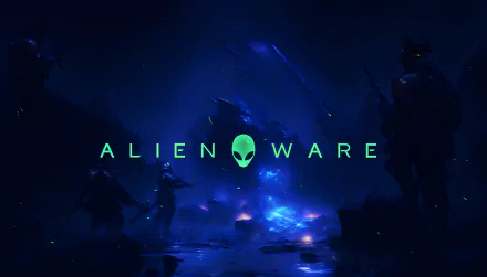 4K Ultra HD Alienware desktop wallpaper featuring a futuristic, dark blue sci-fi scene with alien figures and glowing technology elements.