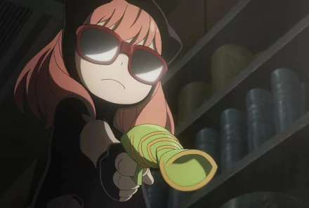 Anya Forger from Spy x Family aiming a toy gun, depicted in an HD anime-style desktop wallpaper with dramatic lighting and a focused expression.