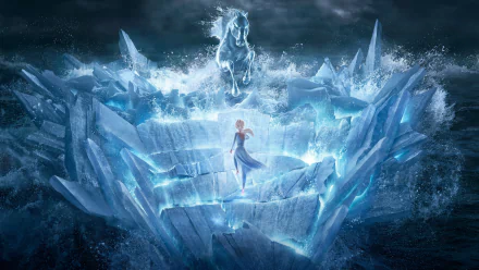 HD wallpaper of Elsa from Frozen 2 standing on an icy precipice with a mystical horse in the background.