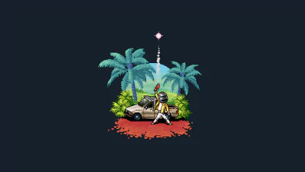 HD desktop wallpaper featuring a pixel art scene from Playerunknown's Battlegrounds with a character seated by a car under palm trees, set against a starry sky.