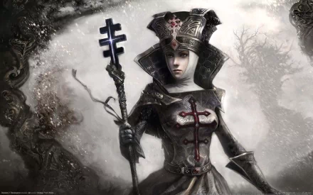 Disciples (Video Game) 2K Quad HD PC desktop wallpaper: solemn armored nun-like warrior holds an ornate staff in a snowy, gothic landscape framed by dark filigree.