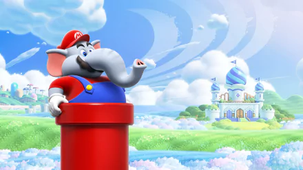 Alt-text: HD Super Mario Bros. themed desktop wallpaper featuring Mario transformed into an elephant standing on a warp pipe with a whimsical castle and clouds background.