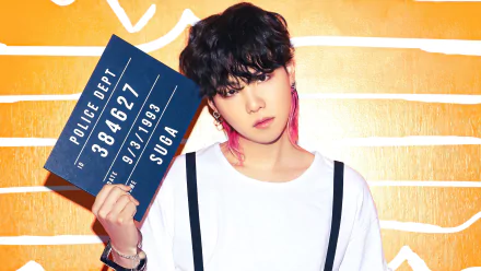 Stylish HD desktop wallpaper featuring a person with a signboard and colorful hair, representing Suga from BTS with a vibrant background.