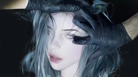 HD desktop wallpaper featuring an artistic portrayal of a person with pale blue hair and striking makeup, set against a dark background, tagged as Billie Eilish themed.
