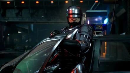 HD wallpaper featuring a detailed RoboCop character from RoboCop: Rogue City, poised next to a patrol car in a futuristic cityscape for desktop background.