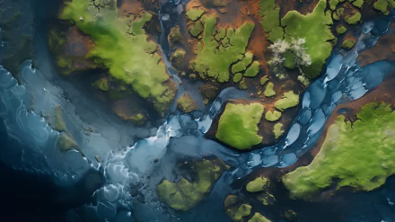 High-definition desktop wallpaper featuring an aerial view of a meandering creek with vibrant green landscapes for a serene background.