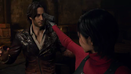 Ada Wong presses a handgun to Leon S. Kennedy's head in a tense moment from Resident Evil 4 (2023) — Separate Ways remake. 4K Ultra HD PC desktop wallpaper/background.