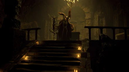 Dark, atmospheric 4K Ultra HD wallpaper from the Resident Evil 4 (2023) Separate Ways remake, featuring a mysterious figure in a dimly lit, candle-lined stone chamber.