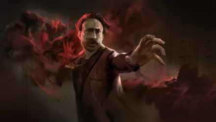 HD desktop wallpaper from Dead By Daylight featuring an eerie illustration of a menacing character with a supernatural red mist swirling around him.