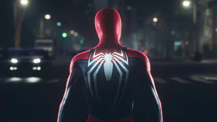 HD desktop wallpaper featuring Spider-Man from Marvel's Spider-Man 2 video game, with Spider-Man gazing over the city at night.
