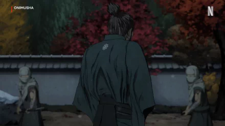 HD wallpaper of a scene from Onimusha (2023) featuring an animated character in traditional attire facing a vibrant autumn scenery with subtle figures in the background.