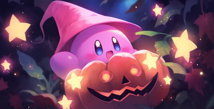 A vibrant HD desktop wallpaper featuring Kirby in a pink witch hat, joyfully surrounded by Halloween-themed pumpkins and glowing stars amidst a whimsical background.