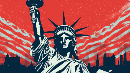 A striking HD wallpaper featuring the Statue of Liberty against a bold red background, showcasing the iconic symbol of freedom and hope, with city silhouettes in the foreground.