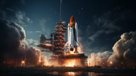Space shuttle launch HD wallpaper, space shuttle liftoff with smoke and clouds for desktop background.