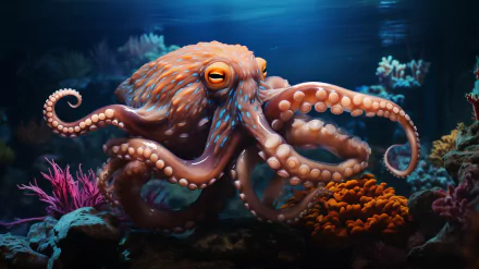 A vibrant octopus gracefully moves through a colorful underwater scene, surrounded by coral and marine life, making an engaging HD desktop wallpaper and background.