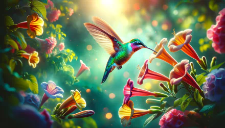 Colorful hummingbird hovering over vibrant flowers with sunlight streaming through foliage, HD desktop wallpaper.