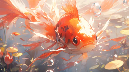 HD wallpaper featuring a vibrant goldfish amidst bubbles and light flares for desktop background.