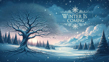 Winter landscape HD wallpaper with snowy trees and Winter Is Coming text.