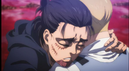 HD wallpaper of Eren Yeager from Attack on Titan, depicting him with emotional distress, featuring detailed injuries on his face.