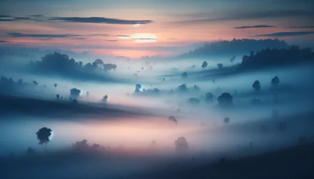 Misty sunrise over a tranquil forest with layers of fog, HD desktop wallpaper.